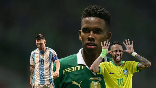 Estevão Willian wears the Palmeiras jersey while Lionel Messi wears the Argentina jersey looking down and Neymar does his celebration with the Brazil jersey on. (Source: Getty Images, Team Neymar X)