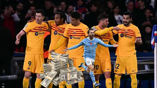 FC Barcelona celebrate a goal they scored against PSG at the Parc des Princes.