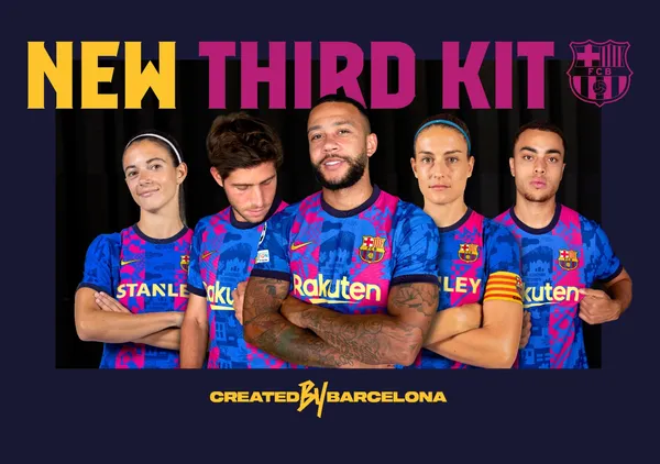 FC Barcelona's new third kit pays homage to their female team, the city of Barcelona and the whole of Catalonia. The kit will be worn by both the male and female teams in the UEFA Champions League only.