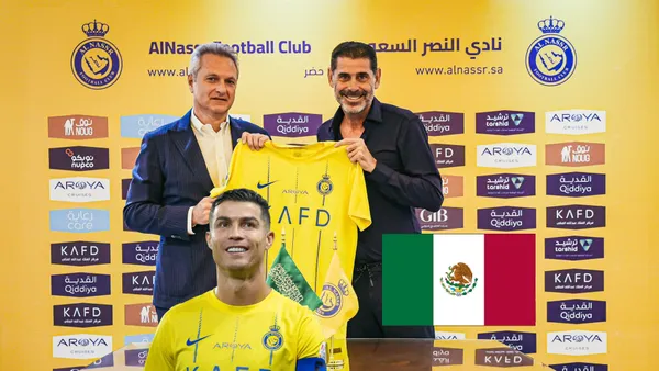 Fernando Hierro is presented as the new sporting director for Al Nassr while Cristiano Ronaldo smiles and the Mexican flag is next to him. (Source: Al Nassr X)