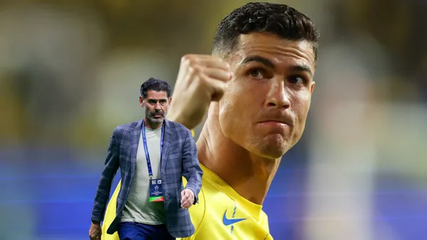 Fernando Hierro walks as the Chivas sporting director while Cristiano Ronaldo makes a fist.