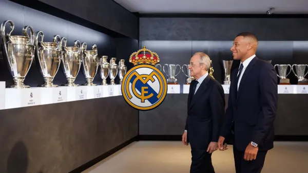 Florentino Perez and Kylian Mbappé looka the Champions League trophies while the Real Madrid badge is in between. (Source: Fabrizio Romano X)