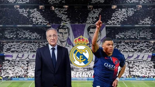 Florentino Perez seems focused while Kylian Mbappé points to the sky with PSG.