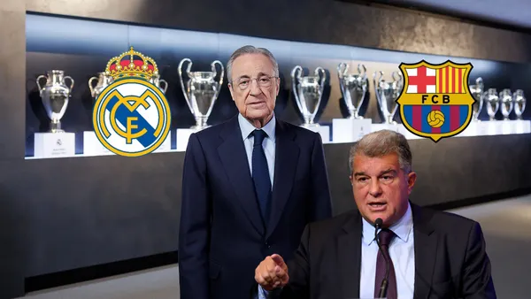 Florentino Perez stands wearing a suit with Champions League trophies behind him while Joan Laporta points, wearing a suit. The Real Madrid & FC Barcelona logos are there as well.