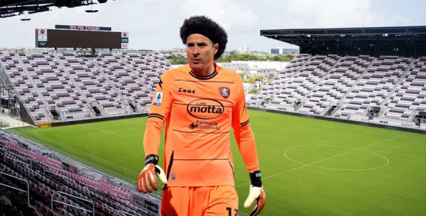 Guillermo Ochoa with the Salernitana jersey and Inter Miami stadium at the back.