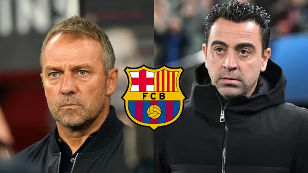 Hansi Flick looks serious and Xavi Hernandez looks up while the FC Barcelona badge is in the middle.