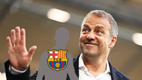 Hansi Flick smiles and waves to the fans while a mystery player has the FC Barcelona badge on him.