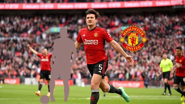Harry Maguire celebrates his goal for Manchester United as a mystery player is next to him and the Man United logo as well. (Source: Harry Maguire X)
