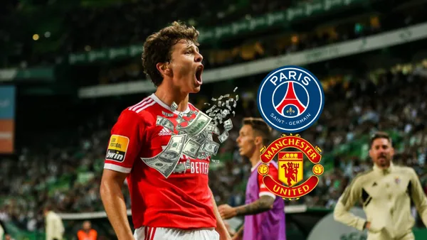 João Neves celebrates his Benfica goal as money is below him and the PSG & Manchester United badges are next to him. (Source: ParisGalaxyOff X)