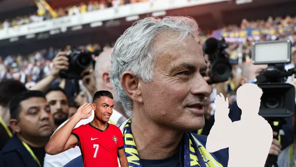 Jose Mourinho smiles while wearing the Fenerbahçe scarf; Cristiano Ronaldo smiles and does a pose while a mystery player is next to him.