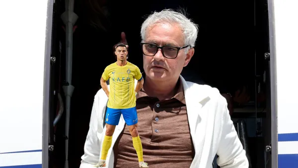 Jose Mourinho walking off the plane and Cristiano Ronaldo has a stance while wearing the Al Nassr jersey.