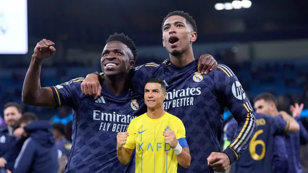 Jude Bellingham and Vinicius Jr celebrate the Real Madrid win over Man City and Ronaldo celebrates wearing an Al Nassr shirt.