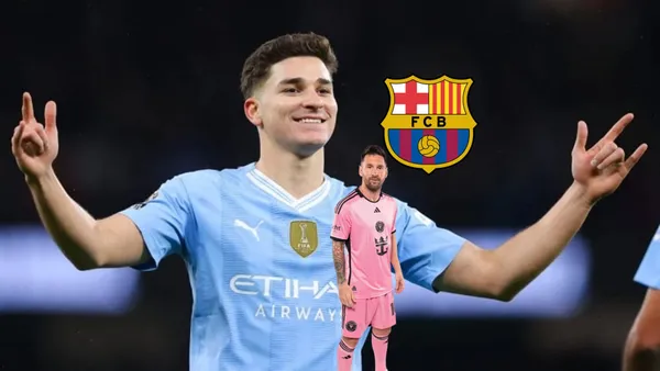 Julian Alvarez does his trademark celebration while Lionel Messi poses with the Inter Miami jersey; the FC Barcelona badge is next to them.
