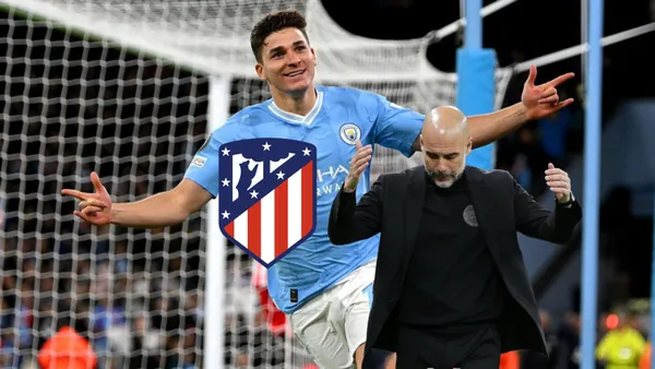 Julian Alvarez does his trademark celebration while Pep Guardiola looks disappointed; the Atletico Madrid badge is next to them.
