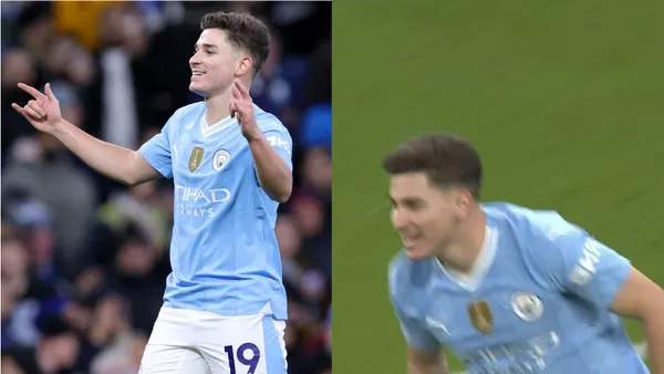 Julian Alvarez shinning against Burnley early in the first half.