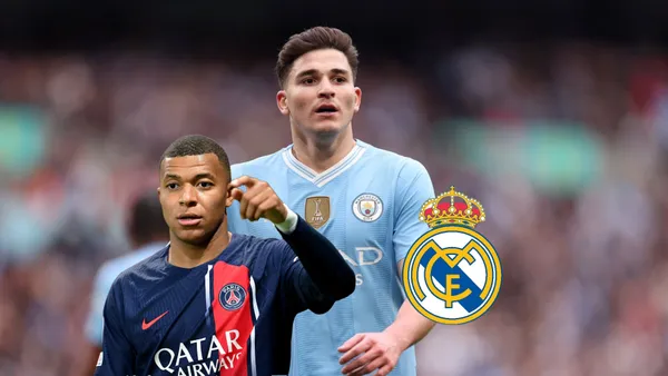 Julian Alvarez walks while wearing the Manchester City jersey; Kylian Mbappé puts his hand up and the Real Madrid badge is next to them.