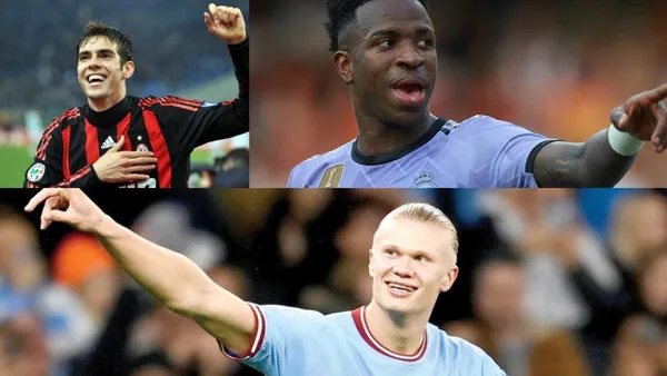 Kaká with Milan jersey, Vinicius Jr. with Real Madrid jersey & Erling Haaland with Man City jersey.