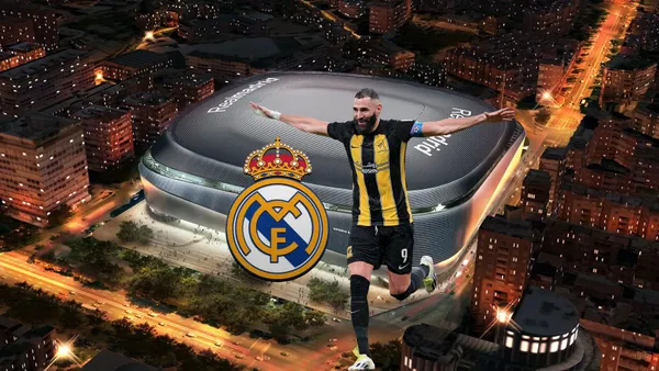Karim Benzema celebrates his goal with Al Ittihad with the background of the renovated Santiago Bernabeu.