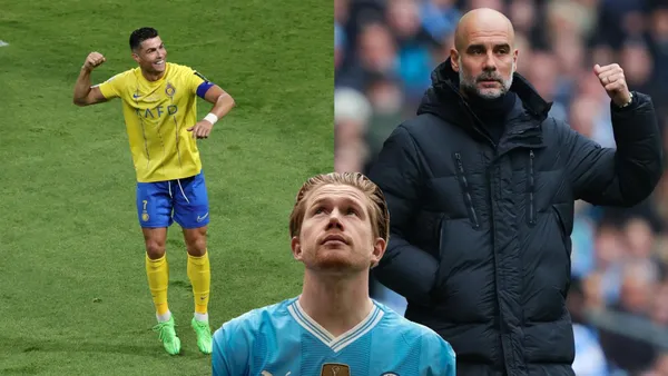 Kevin De Bruyne looks up while Cristiano Ronaldo is happy wearing an Al Nassr jersey and Pep Guardiola looks concerned pointing behind him.