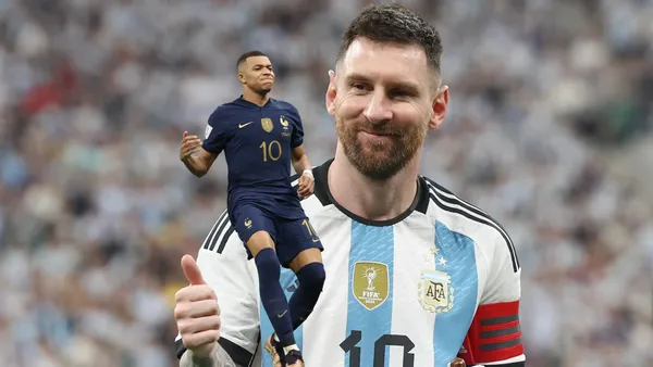 Kylian Mbappé celebrated with France while Lionel Messi throws a thumbs up with Argentina.