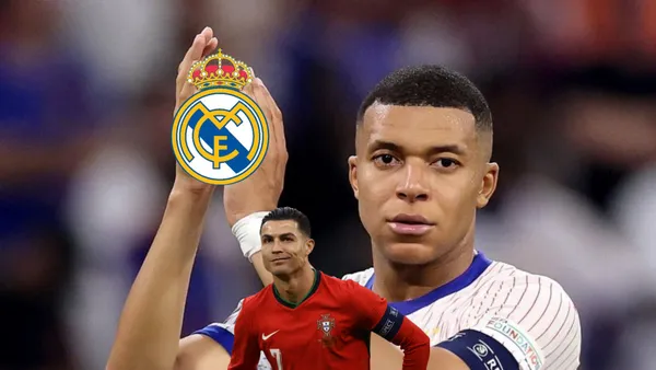Kylian Mbappé claps with a France jersey on while Cristiano Ronaldo smiles with a Portugal jersey on and the Real Madrid badge is near them. (Source: UEFA EURO 2024 X)