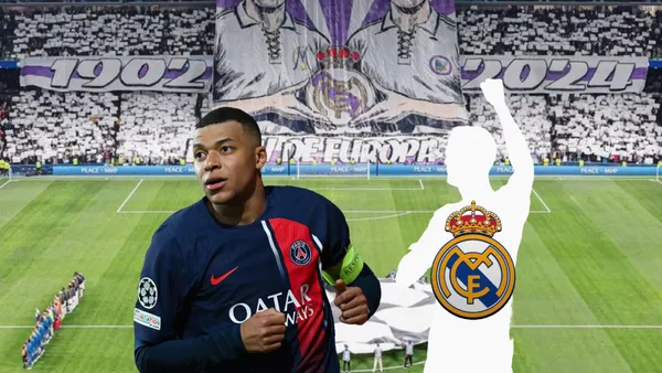 Kylian Mbappé concentrated wearing a PSG jersey with a Champions League badge on the sleeve.