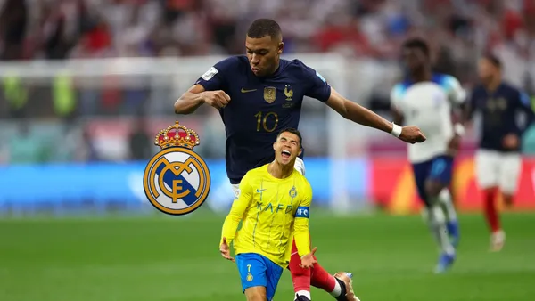 Kylian Mbappé dribbling the ball in the 2022 World Cup with France while Cristiano Ronaldo screams.