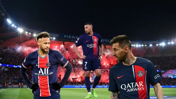 Kylian Mbappé looks concerned while wearing a PSG jersey in a Champions League match; Neymar and Lionel Messi also look concerned wearing the PSG shirt.
