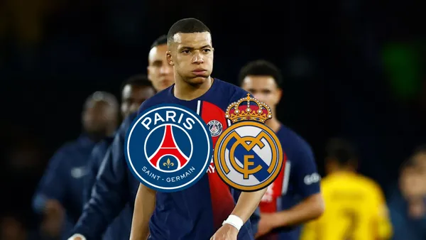 Kylian Mbappé looks tired while wearing the PSG jersey; the PSG and Real Madrid badges are below him.