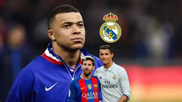 Kylian Mbappé looks up while wearing the France jacket and the Real Madrid badge is next to him; Lionel Messi and Cristiano Ronaldo hug each other while wearing the Barca and Real Madrid kit respectively.