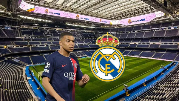 Kylian Mbappé looks worried while wearing a PSG shirt; the background of an empty renovated Santiago Bernabeu.