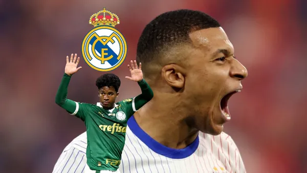 Kylian Mbappé screams with joy with a France jersey on while Endrick hold his hands up and the Real Madrid badge is above him. (Source: KM 10 Zone X, REUTERS)