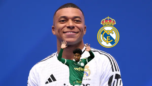 Kylian Mbappé smiles during his Real Madrid presentation and the club badge is next to him while Endrick puts his hands up while wearing the Palmeiras jersey. (Source: REUTERS, Real Madrid X)
