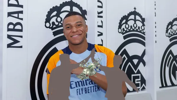 Kylian Mbappé smiles with a training Real Madrid kit at the club locker room while two mystery players celebrate together and money is in between them. (Source: Kylian Mbappé X)