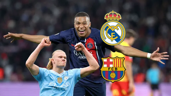 Kylian Mbappé smiles with his arms out and Erling Haaland puts his fists up in the air; the Real Madrid and FC Barcelona badges are next to them.