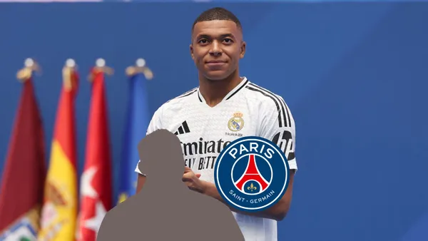 Kylian Mbappé wears the Real Madrid jersey at the Santiago Bernabeu while a mystery player is next to the PSG logo. (Source: Getty Images)
