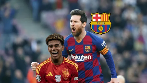 Lamine Yamal smiles with a Spain jersey while Lionel Messi celebrates a goal for FC Barcelona and the club badge is next to him. (Source: FC Barcelona)