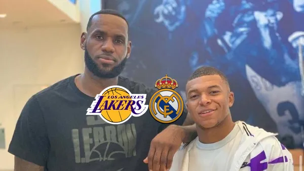 LeBron James and Kylian Mbappé posed together for a picture while the LA Lakers and Real Madrid badges are next to each other. (Source: KM10 Zone X)