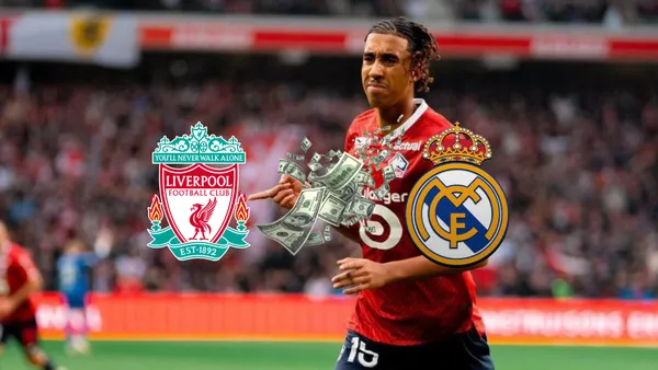 Leny Yoro celebrates his goal with Lille as the Liverpool and Real Madrid badge are below him with flying cash is in the middle. (Source: Fabrizio Romano X)