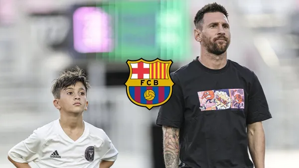 Lionel Messi and his son, Thiago Messi, are standing next to each other while the FC Barcelona badge is in between them.