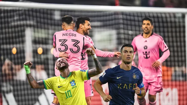 Lionel Messi and Luis Suarez celebrate an Inter Miami goal while Neymar celebrates with Brazil and Cristiano Ronaldo runs with Al Nassr.