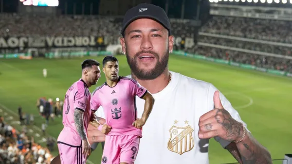 Lionel Messi and Luis Suarez look on to the pitch while Neymar throws a thumbs up with a Santos FC shirt.