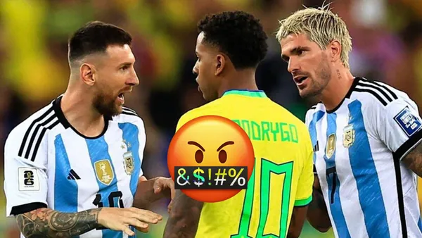 Lionel Messi and Rodrygo are arguing with each other as Rodrigo De Paul is next to them; an angry emoji is in the middle. (Source: MARCA)
