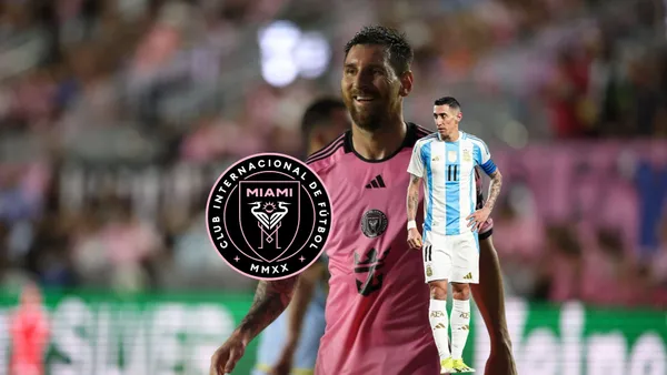 Lionel Messi and wears the Inter Miami jersey while Angel DI Maria looks to his right with his hand on his hip, while wearing the Argentina jersey; the Inter Miami badge is next to them.