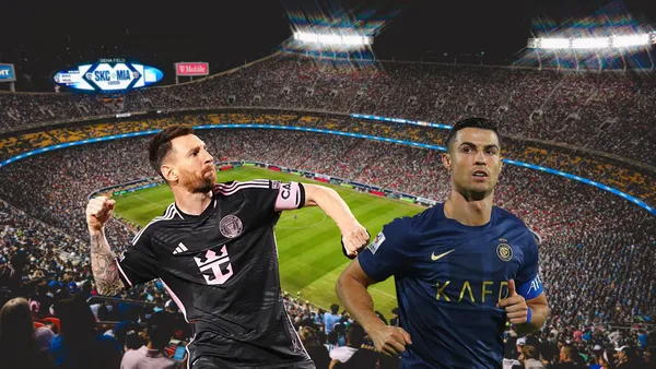 Lionel Messi celebrates his goal while Ronaldo runs with an Al Nassr jersey.