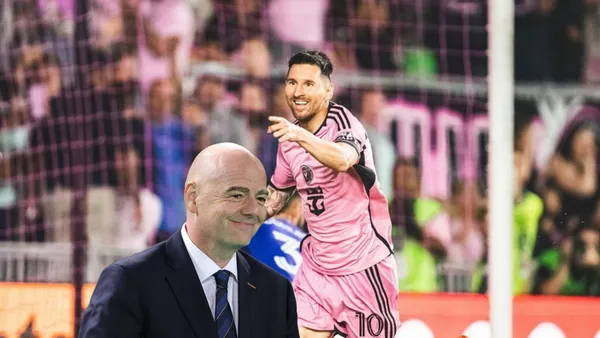 Lionel Messi celebrates his Inter Miami goal while Gianni Infantino smiles.