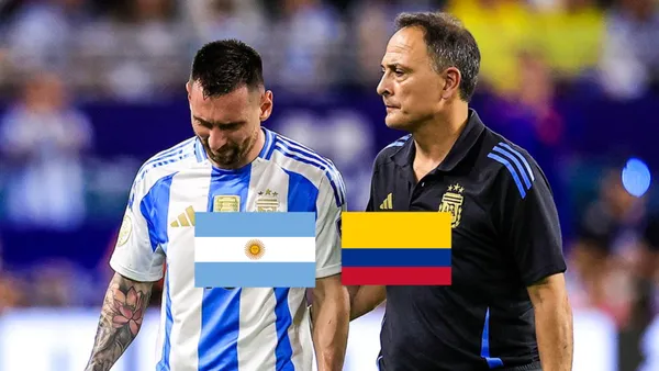 Lionel Messi cries while wearing an Argentina jersey and the flags of Argentina and Colombia are below him. (Source: BR Football X)