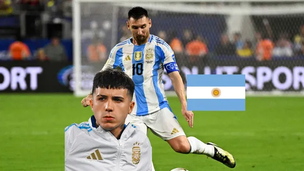 Lionel Messi is about to kick the ball with Argentina while Enzo Fernandez wears the Argentina jacket and the flag is next to him. (Source: Getty Images, X)