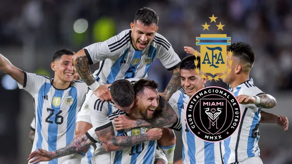 Lionel Messi is hugged by the rest of his Argentina national team teammates while the Argentina national team and Inter Miami badge is next to them.
