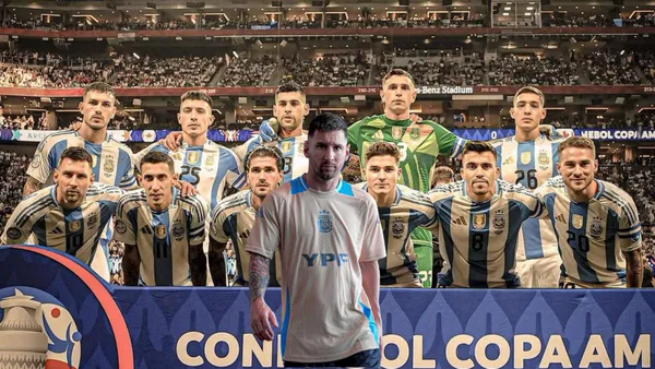 Lionel Messi looks concerned as the Argentina national team pose for a picture together for Copa America. (Source: All About Argentina X)